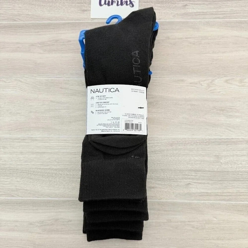 Nautica Mens 5 Pair Crew Socks Black Stay Up Cuff Shoe Size 6-12.5 NAM201DR01001
